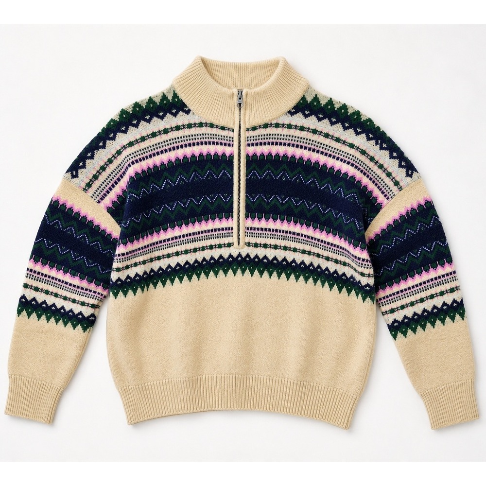 Natural Reflections Fair Isle Quarter Zip Sweater Large Tan Pink Navy Nordic